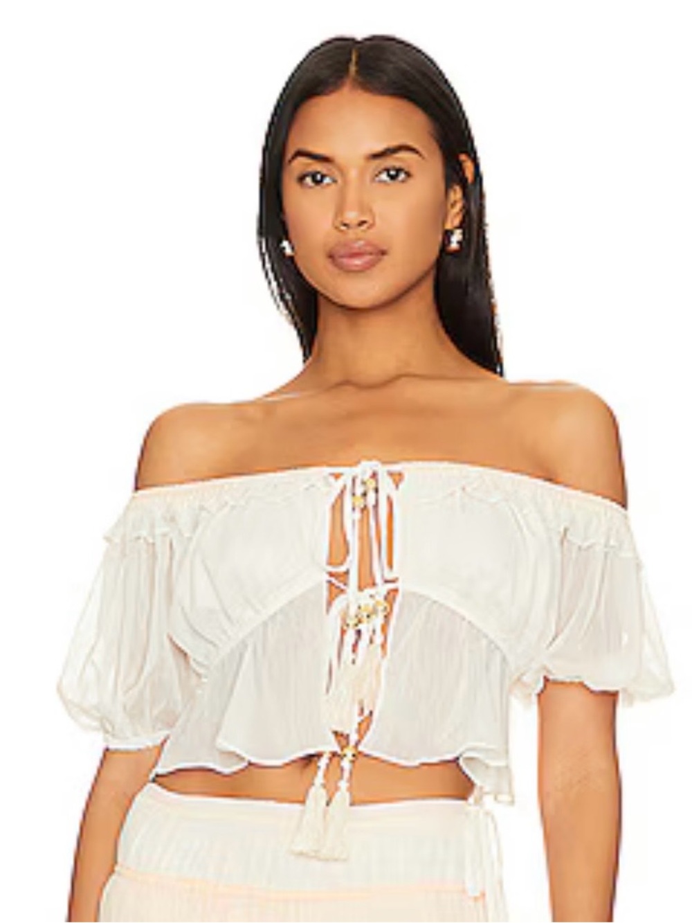 Off-Shoulder White Peasant Crop Top with Tie Front house of Harlow revolve Sz M - Picture 1 of 2